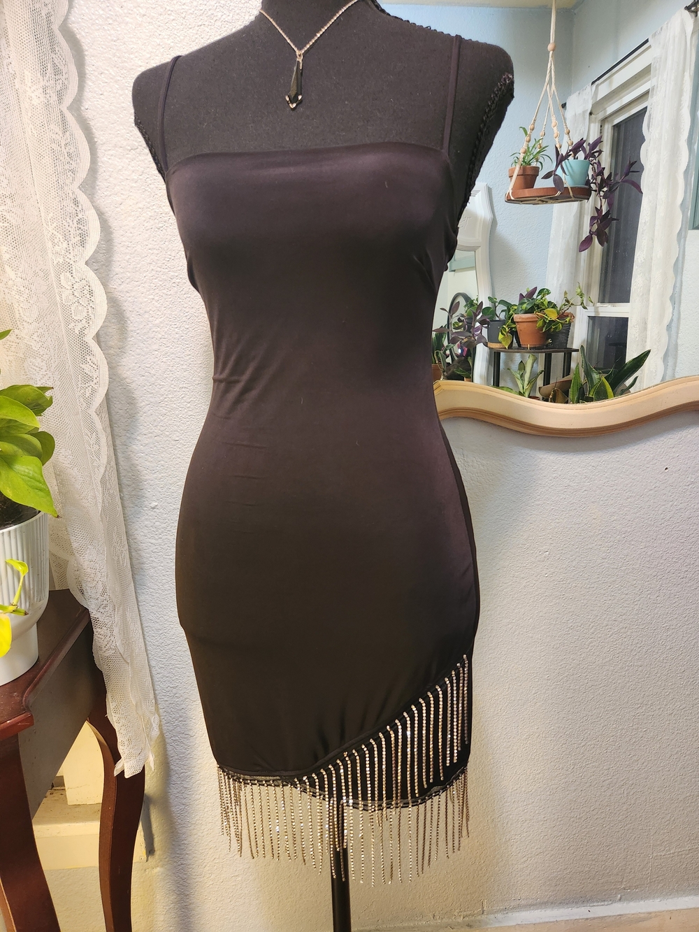 Black Fringe Slip Dress with Rhinestone Trim